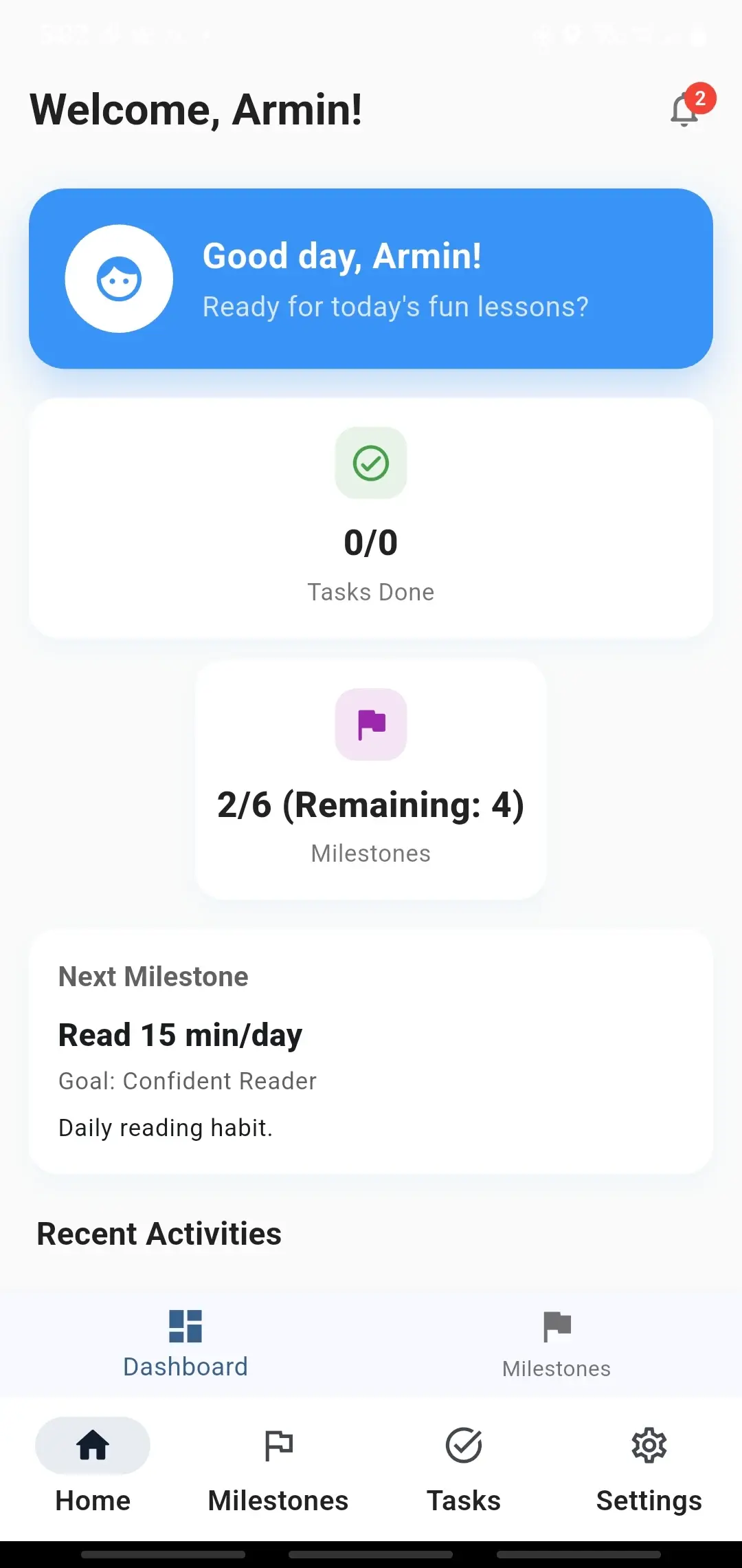 KidzPAN Child app home screen showing today's milestone and activity summary.